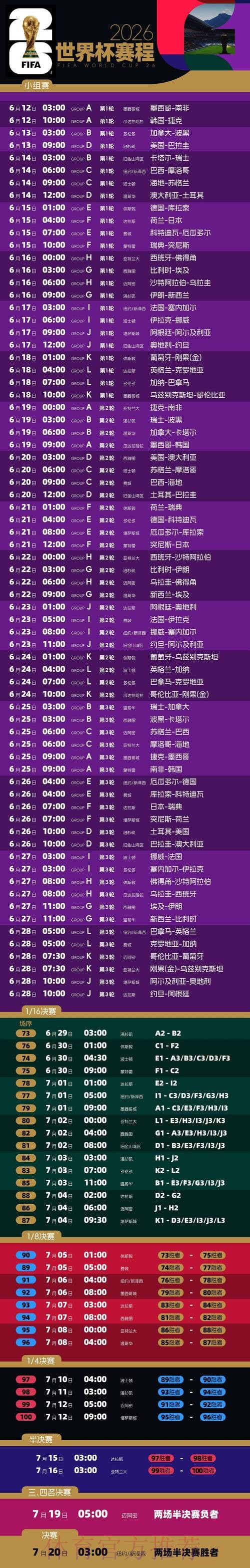 2026世界杯每日赛程高清版完整安排怎么看 2026世界杯每日赛程高清版完整安排怎么看