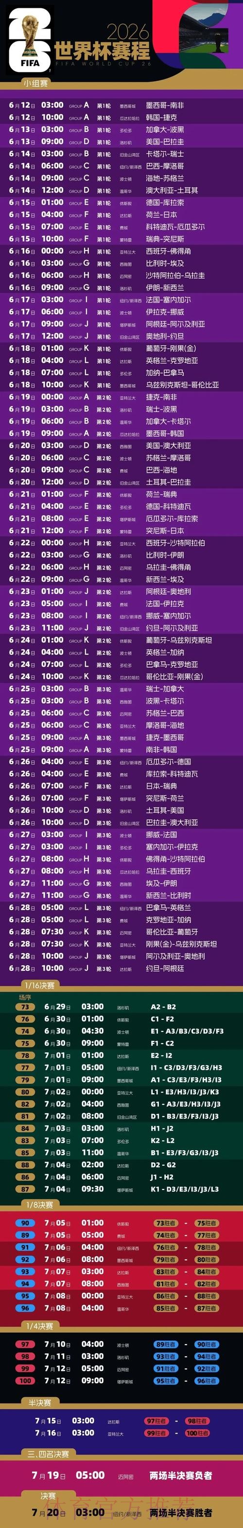 2026世界杯每日赛程一览实时赛程免费观看 2026世界杯每日赛程一览实时赛程免费观看